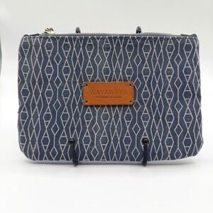 Wayawaya Handmade in Zambia Canvas Suede Pouch Wristlet Navy Blue Geometric 7.5"